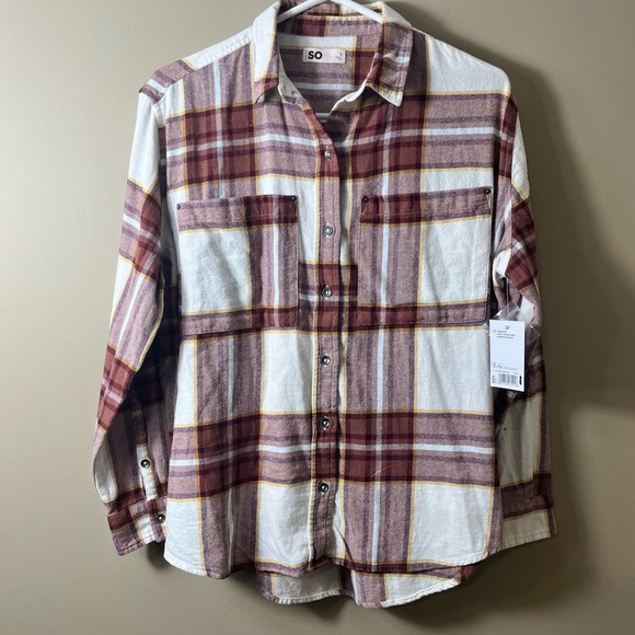 NWT SO Oversized Cotton Casual Comfy Button Down Plaid Shirt Size Small Rust - Picture 8 of 8